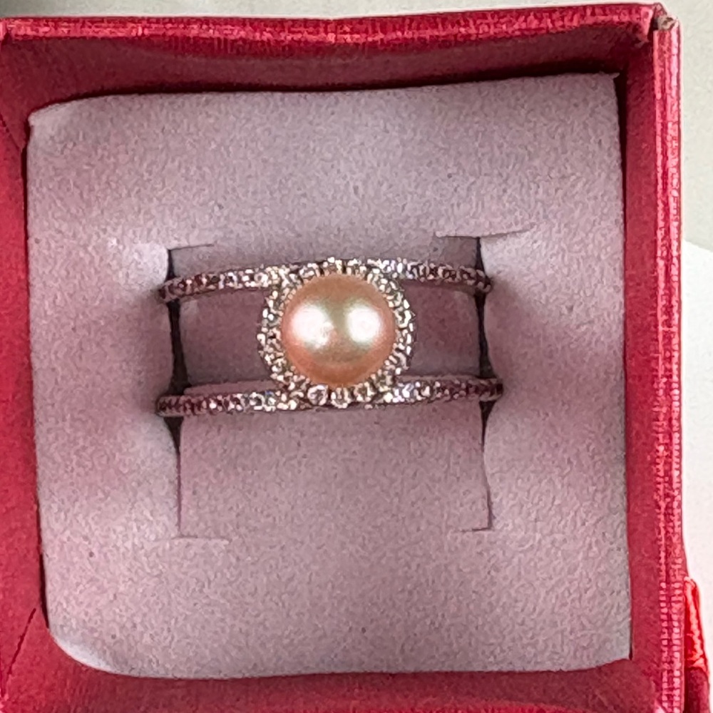 Vantel Pearls "Sweet Duet" Ring - Pink Pearl & CZ Halo - Sterling Silver 925
